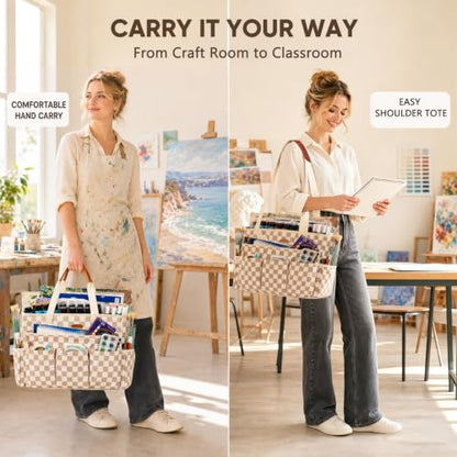APOFFICE Art Supply Organizer, Large Craft Organizer Tote Bag, Craft Tote - color: Khaki