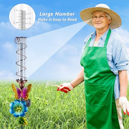 Rain Gauge Outdoor, Solar Water Gauge for Rain - color: Blue Flower-Butterfly