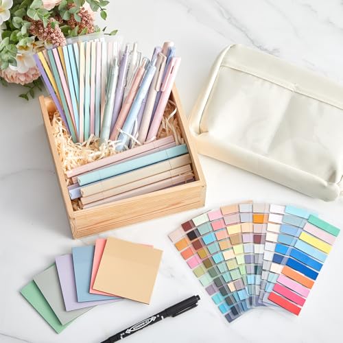 135 Pcs Book Annotation Kit Aesthetic Pencil Case Bag 12 Highlighter 11 Gel Pen 1 Marker 300 Sheet Transparent Sticky Notes Pad 2640 Index Stickers Bible Study Supplies(Kawaii,Beige) - color: Beige, style: Kawaii