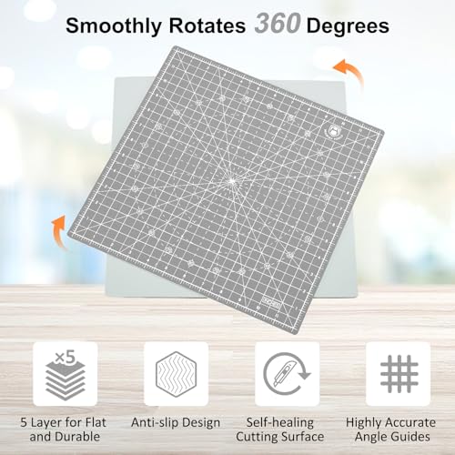 Headley Tools 12"x12" Rotating Cutting Mat, Self Healing Mat with 360-Degree Rotation & Anti-Slip Base, Sewing Board Cutting Mat Perfect for Fabric Quilting Leather Hobby Project, Grey - color: Gray, size: 12"L x 12"W