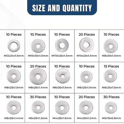 225 Pcs Metric Fender Washers Assortment Kit, 304 Stainless Steel