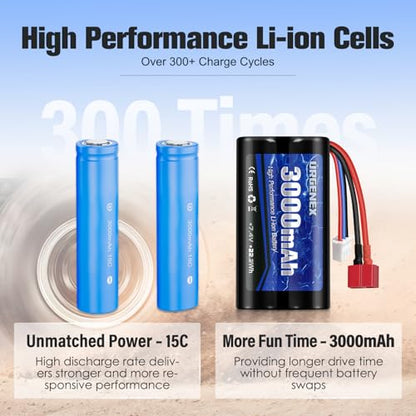 Li-ion Battery 7.4V 3000mAh High Capacity with Dean-Style T Plug 2S Rechargeable RC Battery Fit for WLtoys 4WD High Speed RC Cars and Most 1/10, 1/12, 1/16 Scale RC Cars Trucks with Charger