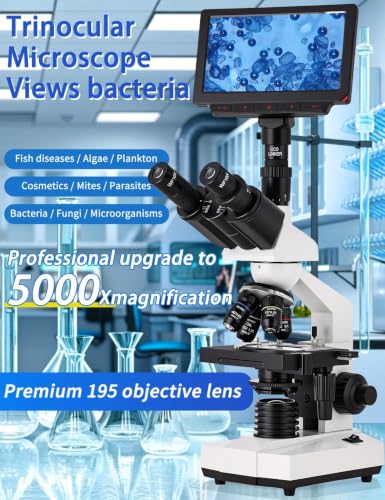 Microscope for Adult,with7'' HD Display,WF10&25X Eyepieces,40-5000X Magnification,Dual Mechanical Stages and Abbe Condenser,Includes 40 PCS Specimens,Suitable for Labs & Schools