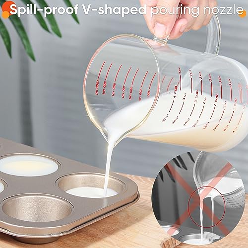 4 Cup Glass Measuring Cup with Handle, 77L High Borosilicate Glass Measuring Cup with V-Shaped and Three Scales (Cup, OZ, ML), Glass Liquid Beaker with Silicone Base, Double-Sided Measure Scales - color: Clear, size: 4 Cup, 1000ML