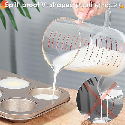 4 Cup Glass Measuring Cup with Handle, 77L High Borosilicate Glass Measuring Cup with V-Shaped and Three Scales (Cup, OZ, ML), Glass Liquid Beaker with Silicone Base, Double-Sided Measure Scales - color: Clear, size: 4 Cup, 1000ML