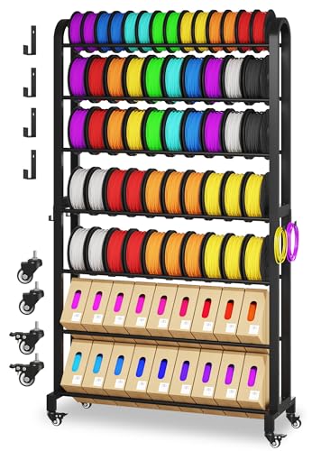 7-Tier 3D Printer Filament Storage Rack with Wheels, Heavy Duty Adjustable Metal Shelf Holds 80 Spools, Tall Mobile Filament Organizer with Hooks for 3D Printing Business & Workshop - color: Black - 7-tier, size: Large