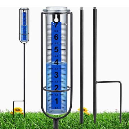 Rain Gauge Outdoor, Upgrade 7" Freeze-Proof Accurate Rain Gauge with Stake, Adjustable Height & Large Clear Numbers, Decorative Rain Measuring Tool for Garden, Lawn, Patio, Yard