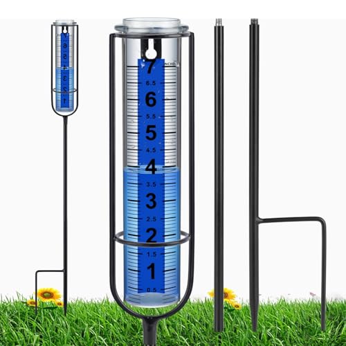 Rain Gauge Outdoor, Upgrade 7" Freeze-Proof Accurate Rain Gauge with Stake, Adjustable Height & Large Clear Numbers, Decorative Rain Measuring Tool for Garden, Lawn, Patio, Yard