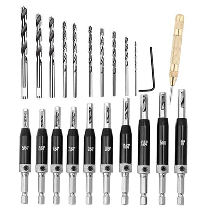 Self Centering Hinge Drill Bit Set,5/64"-1/4" for Precision Pilot Holes - size: 22PC
