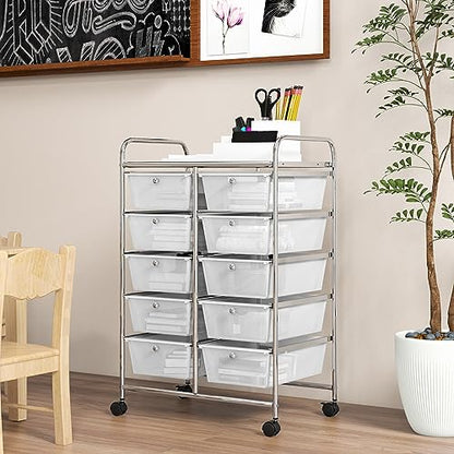 COSTWAY 10 Drawer Rolling Storage Cart, Utility Cart with Lockable Wheels - color: Transparent, size: 10 Drawer