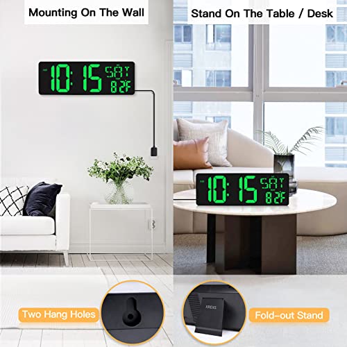 XREXS Large Digital Wall Clock with Remote Control, 16.5 Inch LED Display, Count Up & Down Timer, Adjustable Brightness, Plug-in Alarm Clock with Day/Date/Temperature for Home, Gym, Classroom - color: Green