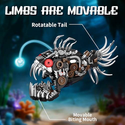 Mechanical Fishing Fish Building Set, 1010pcs Deep Sea Monster Block Models with Coral Base, Steampunk Ocean Animal Building Toys, Suitable for Boys and Girls 8+Home Office Decoration