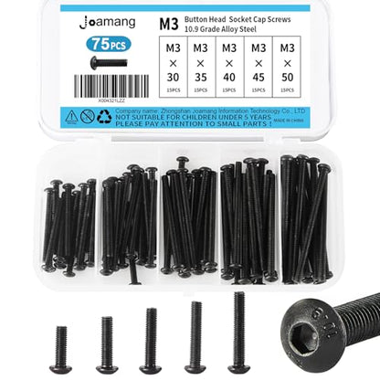 M3 x 30mm 35mm 40mm 45mm 50mm Button Head Socket Cap Screws Bolts, 10.9 Grade Alloy Steel, Black Oxide Finish, Metric Allen Hex Drive, Fully Threaded, Assortment Kit 75Pcs - size: Button M3x30-50 mm