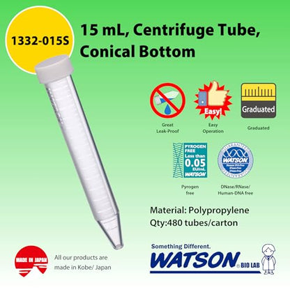 WATSON-BIO-LAB 1332-015S 15mL Conical Centrifuge Tube, 480 Pieces - size: 15 mL / Normal Conical Bottom / 480pc