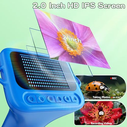 Odatay 1000X Digital Kids Microscope Kit with 12 Slides & 2" Screen, Blue - color: Blue