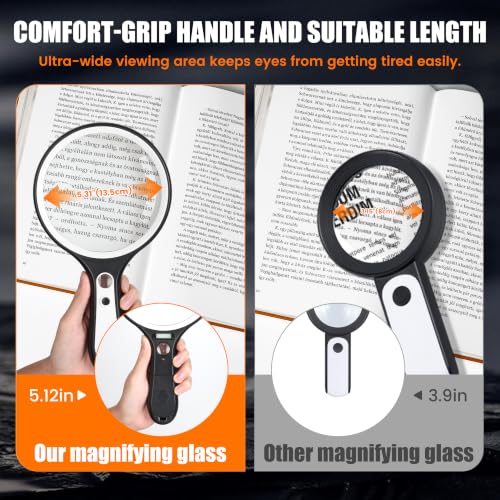 Magnifying Glass with Light for Reading: 5.31” Large Handheld Magnifier Lighted Glasses with 6 LED for Page Book, Small Prints, Coins, Jewelry, Best Lens Gifts for Seniors, Low Vision Elderly