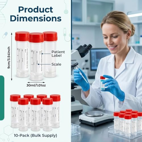 10Pcs Stool Sample Collection Kit,30ml Sample Containers with Label - color: Red