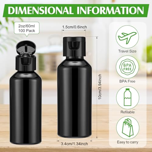 Eccliy 100 Pcs Plastic Bottles 5 oz Travel Squeeze Lotion Bottle - color: Black, size: 2 oz
