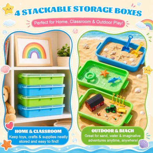 4 Pcs Sensory Bin Sand Tray with Lids for Toddlers, Green & Blue - color: Green & Blue