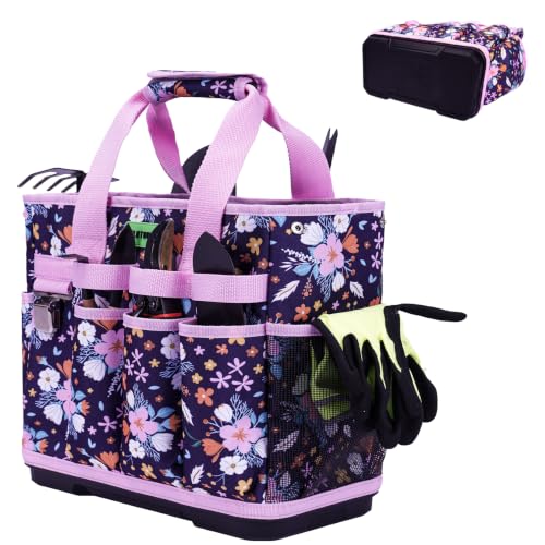 MELOTOUGH 12-Pocket Garden Tool Bag with Hard Bottom, Garden Tote, Purple - color: Purple Flower