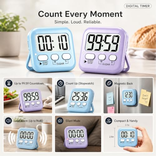 Antonki 2 Pack Digital Timer for Kids Classroom Kitchen Timers for Cooking - color: Sky Blue + Lavender Purple