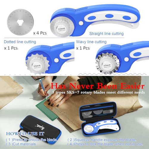 45mm Rotary Cutter | Rotary Fabric Cutter | Rotary Cutters for Sewing, Scrapbooking, Hobbies, DIY | A6 Cutting Mat, Storage Boxes, Precision Knives, Ruler, Spare Blades | Fabric Roller Cutter - color: Blue