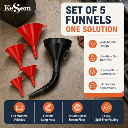 5 Pc Automotive Funnel Set, 4 Plastic Oil Funnels & Large Flexible Fuel Funnel with Hose, Car Oil Change Funnel Kit for Gas, Transmission Fluid, Coolant, Engine Oil, Fuel Transfer & Garage Use