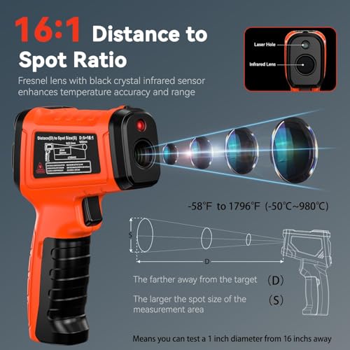 1796°F IR Infrared Thermometer Gun，16:1，with Humidity Display - color: Black Orange