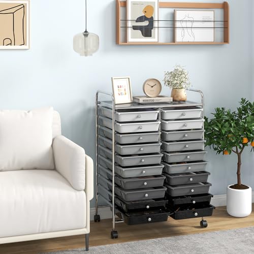 Giantex 20 Drawers Rolling Cart, Mobile Storage Drawer Cart, Classroom Organizer Cart for Office School Supplies Teacher Tools Paper Craft Small Printer, Utility Cart on Wheels, Gradient Grey - color: Black Gradient, size: 20 Drawer-25”x15”x35”