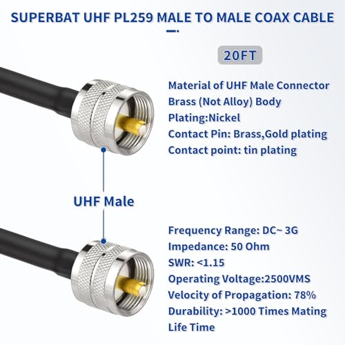Superbat CB Coax Cable 20ft UHF PL259 Male to Male RG8x Coaxial Cable - size: 20ft