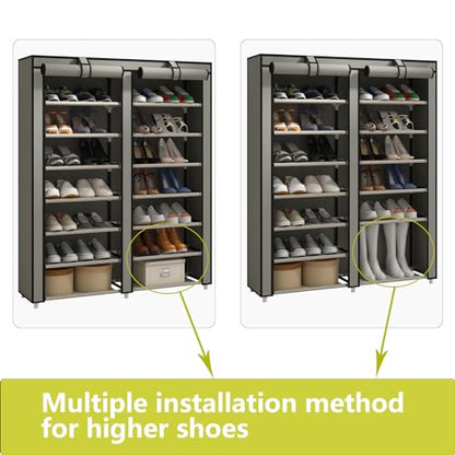 JIUYOTREE Double Row Shoe Rack Storage Organizer with Big Capacity,7-Tier Shoe Cabinet,Shelf,Closet with Nonwoven Fabric Cover for 28 Pairs of Shoes,Grey - color: Grey