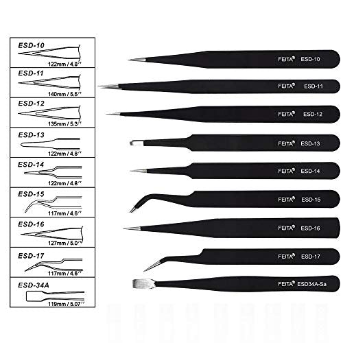 Precision Tweezer Set - FEITA Professional ESD Stainless Steel Anti static Tweezers Kit for Electronic, craft, Jewelry, Watchmakers, Hobby (Black 9 Pcs)