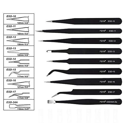 Precision Tweezer Set - FEITA Professional ESD Stainless Steel Anti static Tweezers Kit for Electronic, craft, Jewelry, Watchmakers, Hobby (Black 9 Pcs)