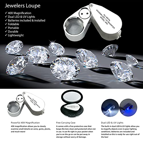Pineapple 40X Jewelers Loupe with Light, UV Lighted Magnifying Glass Eye Loop, LED Illuminated Metal Pocket Magnifier for Jewelry, Currency, Plants, Coins, Diamonds, Stamps