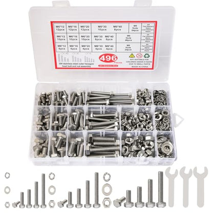 M5 M6 M8 Nuts and Bolts Assortment Kit 12mm-40mm, Metric Bolt Assortment 304 Stainless Steel Bolts and Nuts Kit, Hex Head Cap Screws Kit, Flat & Spring Lock Washer with Wrench, Silver, 496PCS, SHAOHUA - size: H. M5 M6 M8