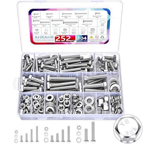 252Pcs 304 Stainless Steel Hex Bolts Nuts Washers Assortment Kit, SAE 1/4-20 5/16-18 3/8-16 Fully Threaded Rustproof Machine Fasteners Set with Storage Case for Home DIY Automotive Marine Repair - color: Silver-SAE Stainless Steel Hex Bolts 252Pcs