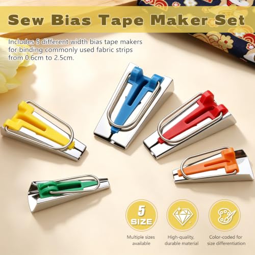 5 Sizes Bias Tape Makers Kit, 1/4" 3/8" 1/2" 3/4" 1" DIY Quilting Tools Kit - color: 5 Colors