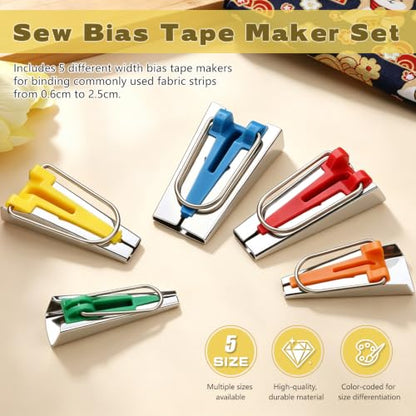 5 Sizes Bias Tape Makers Kit, 1/4" 3/8" 1/2" 3/4" 1" DIY Quilting Tools Kit - color: 5 Colors