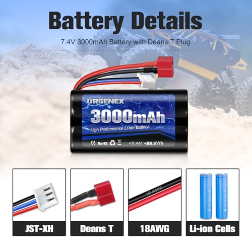 Li-ion Battery 7.4V 3000mAh High Capacity with Dean-Style T Plug 2S Rechargeable RC Battery Fit for WLtoys 4WD High Speed RC Cars and Most 1/10, 1/12, 1/16 Scale RC Cars Trucks with Charger