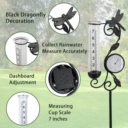 36in Dragonfly Rain Gauge Thermometer Black Metal Garden Stake Decor - color: Black Dragonfly