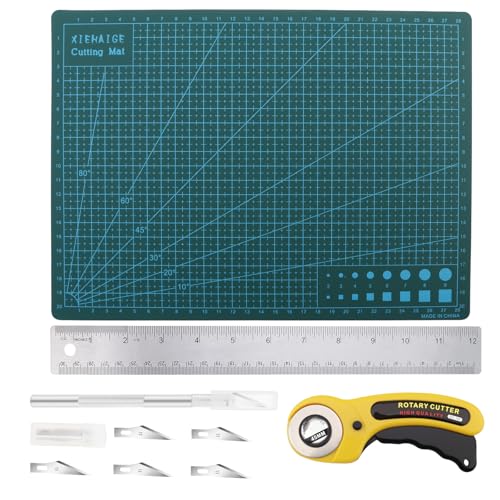 Rotary Cutter Set, 45mm Fabric Cutter, A4 Cutting Mat 11.8x8.6inch, Dual Scale Quilting Ruler and Craft Knife Set, Ideal for Crafting, Sewing, Scrapbooking, Patchworking