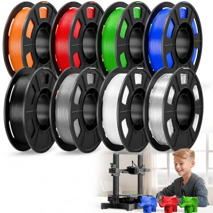 CREALITY 250g PETG Filament Bundle, 1.75mm 3D Printer Filament, 8 spools - color: Black+blue+white+grey+transparent+red+green+orange