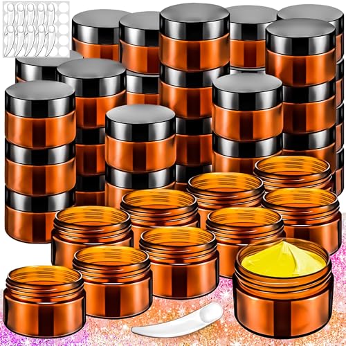 40 PCS 15g Amber Plastic Containers with Black Lids,Small Makeup Containers,0.5oz Small Sample Pot Jars Round Travel Cosmetic Jars with Spatulas for Liquid Sample Powder Cream Lotion - color: Amber, size: 15g