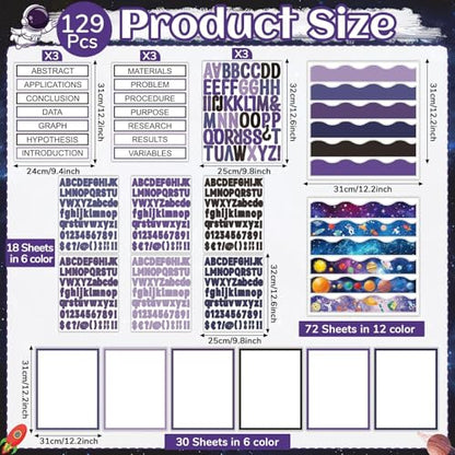 129Pcs Planet Space Science Fair Board Supplies Includes Self Adhesive Science Fair Project Titles Subtitles Presentation Bulletin Border Letter Stickers Scalloped Bulletin Border for Classroom Office - style: Space