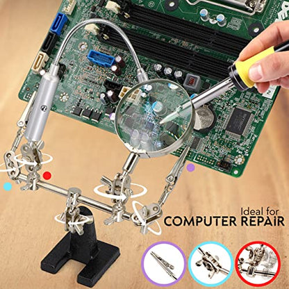 RamPro - Helping Hand Magnifier Glass Stand - Magnifying Lens, Perfect for Soldering, Crafting & Inspecting Micro Objects - size: 3X Magnification - With LED Light