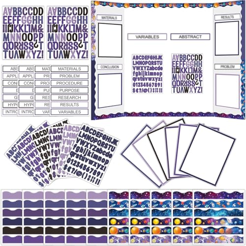 129Pcs Planet Space Science Fair Board Supplies Includes Self Adhesive Science Fair Project Titles Subtitles Presentation Bulletin Border Letter Stickers Scalloped Bulletin Border for Classroom Office - style: Space
