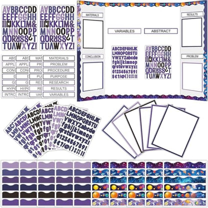 129Pcs Planet Space Science Fair Board Supplies Includes Self Adhesive Science Fair Project Titles Subtitles Presentation Bulletin Border Letter Stickers Scalloped Bulletin Border for Classroom Office - style: Space