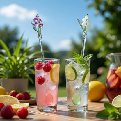 Homestia Glass Stirring Spoon, Swizzle Sticks with White Lily of the Valley - color: 2 PCS + 7.1" + White pink Bells Orchids Flower + Stirring spoon