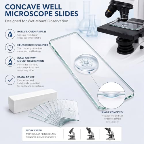 Tellegloww 10 Pcs Pre-Cleaned Single Concave Microscope Glass Slide 3" x 1" - color: Single Concave Microscope Slide