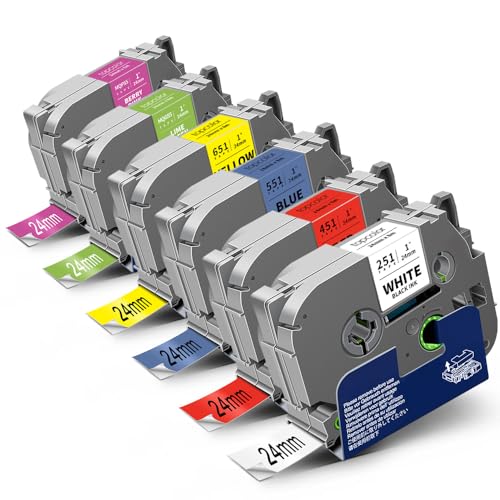 6-Pack 24mm 0.94" Label Tape Colored Compatible for Brother Tape 1 Inch - color: Black on White/Red/Blue/Yellow/White on Berry Pink/Lime Green, size: 0.94 inch (24mm)